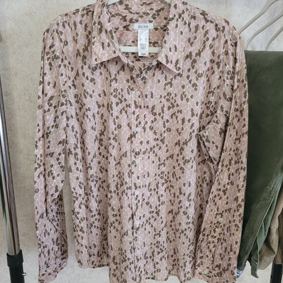 Liz & Co. Pink Tan Brown Womens Long Sleeve Button Blouse XL - Picture 4 of 15